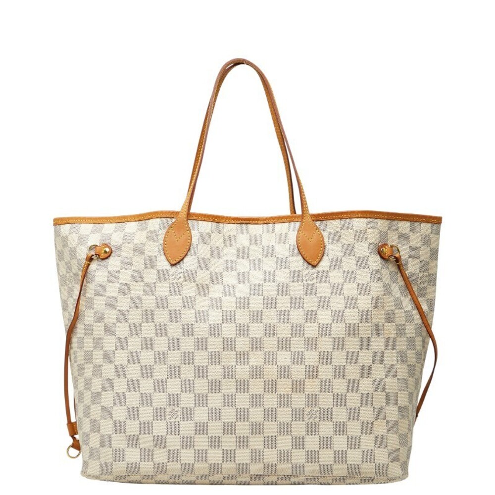 Louis Vuitton Damier Azur White Neverfull Hobo Shoulder Tote Bag Brown Leather